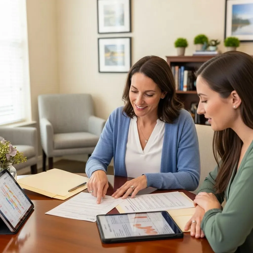 Fertility counselor discussing a personalised fertility plan with a patient in a supportive office environment