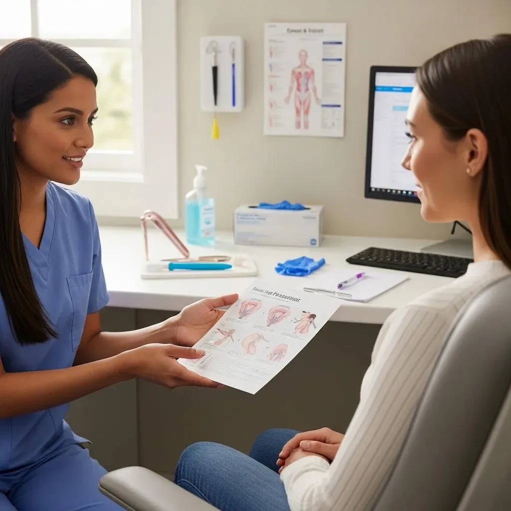 Healthcare professional explaining the smear test procedure to a patient in a clinical setting