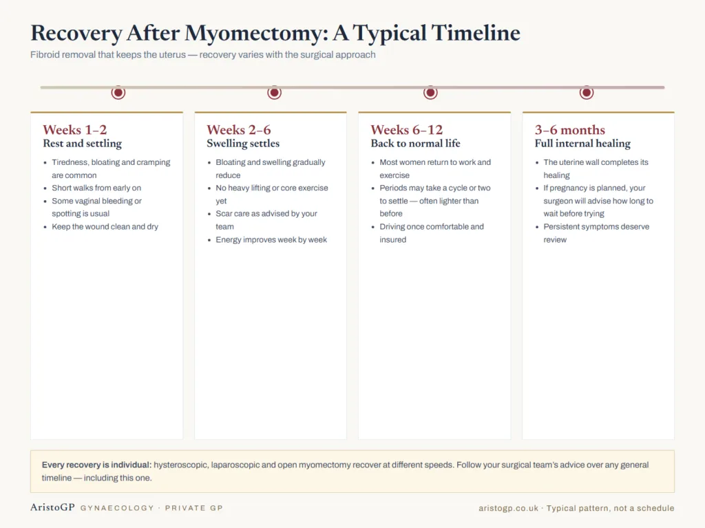 Timeline diagram of typical recovery after myomectomy fibroid removal: rest, swelling settling, return to normal life and full internal healing at 3-6 months